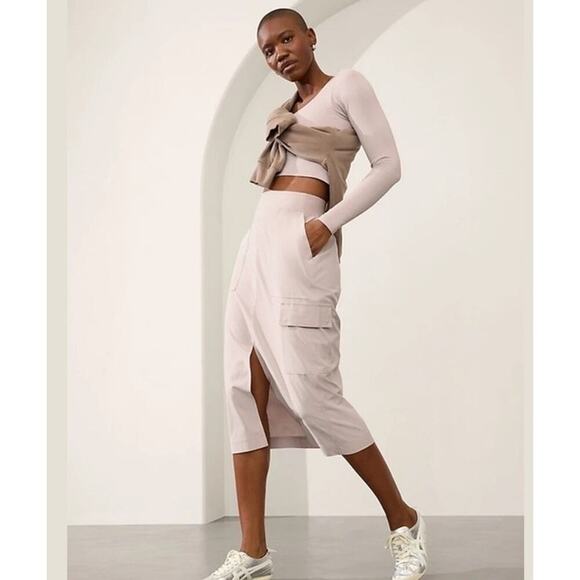 Athleta Cargo Midi Skirt Womens 12 Beige Brooklyn Heights High Rise Lightweight - Picture 15 of 15